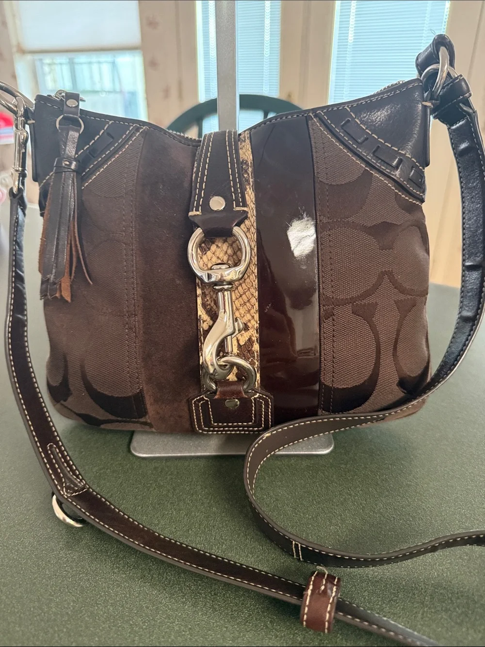 Coach Hampton Brown Signature Suede & Patent Crossbody Bag
